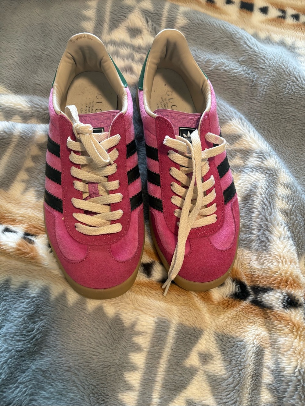 Gucci X adidas Hot Pink Suede Sneakers with Black Stripes